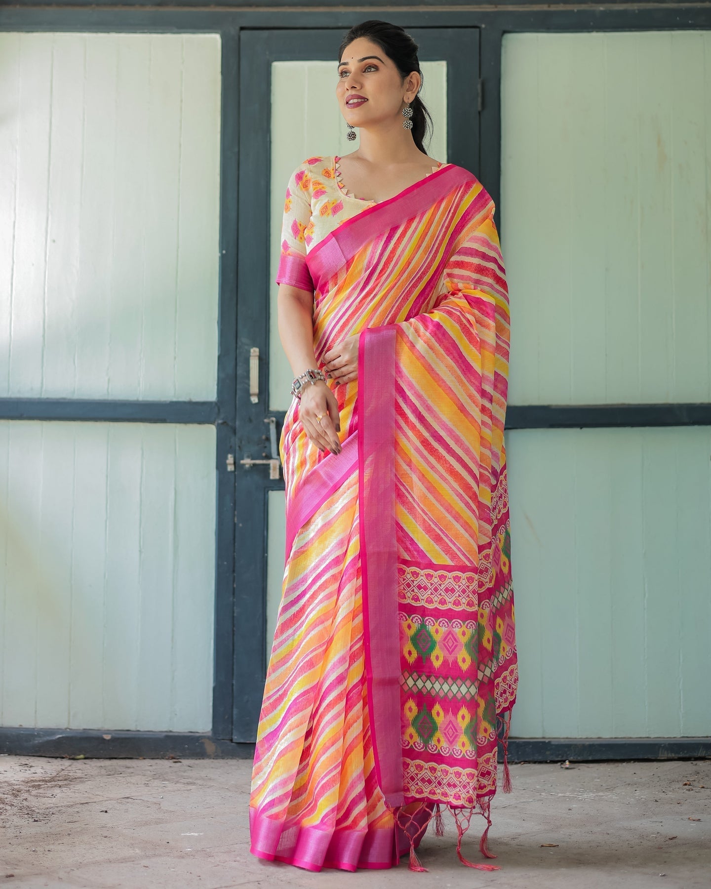 Luxury Multicolor Striped Linen Saree | Shaadigruh SD1027