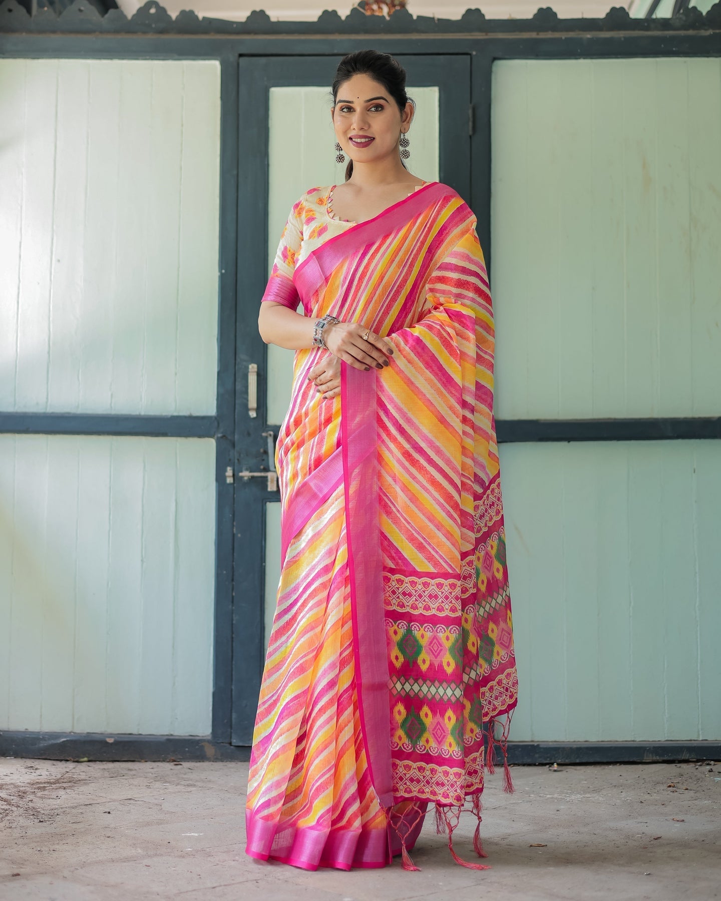 Luxury Multicolor Striped Linen Saree | Shaadigruh SD1027