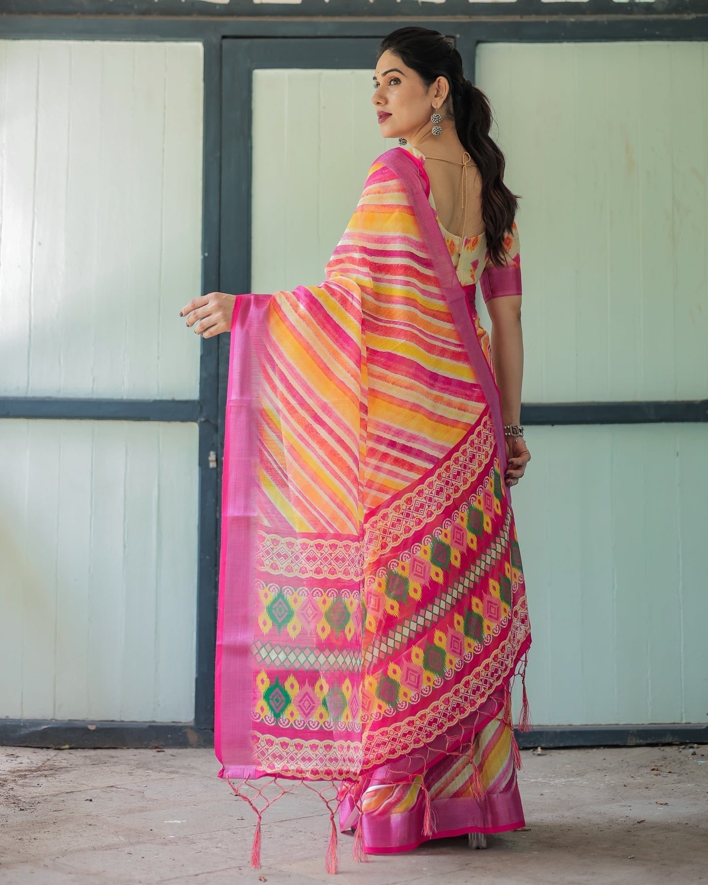 Luxury Multicolor Striped Linen Saree | Shaadigruh SD1027