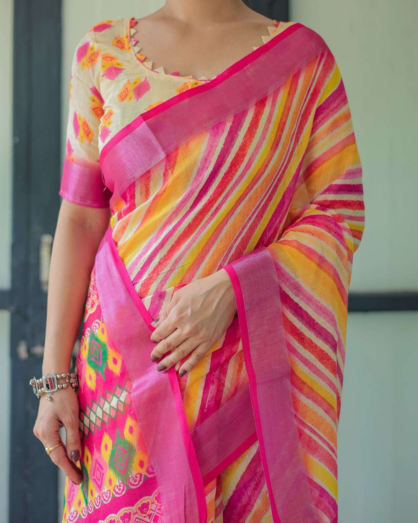 Luxury Multicolor Striped Linen Saree | Shaadigruh SD1027