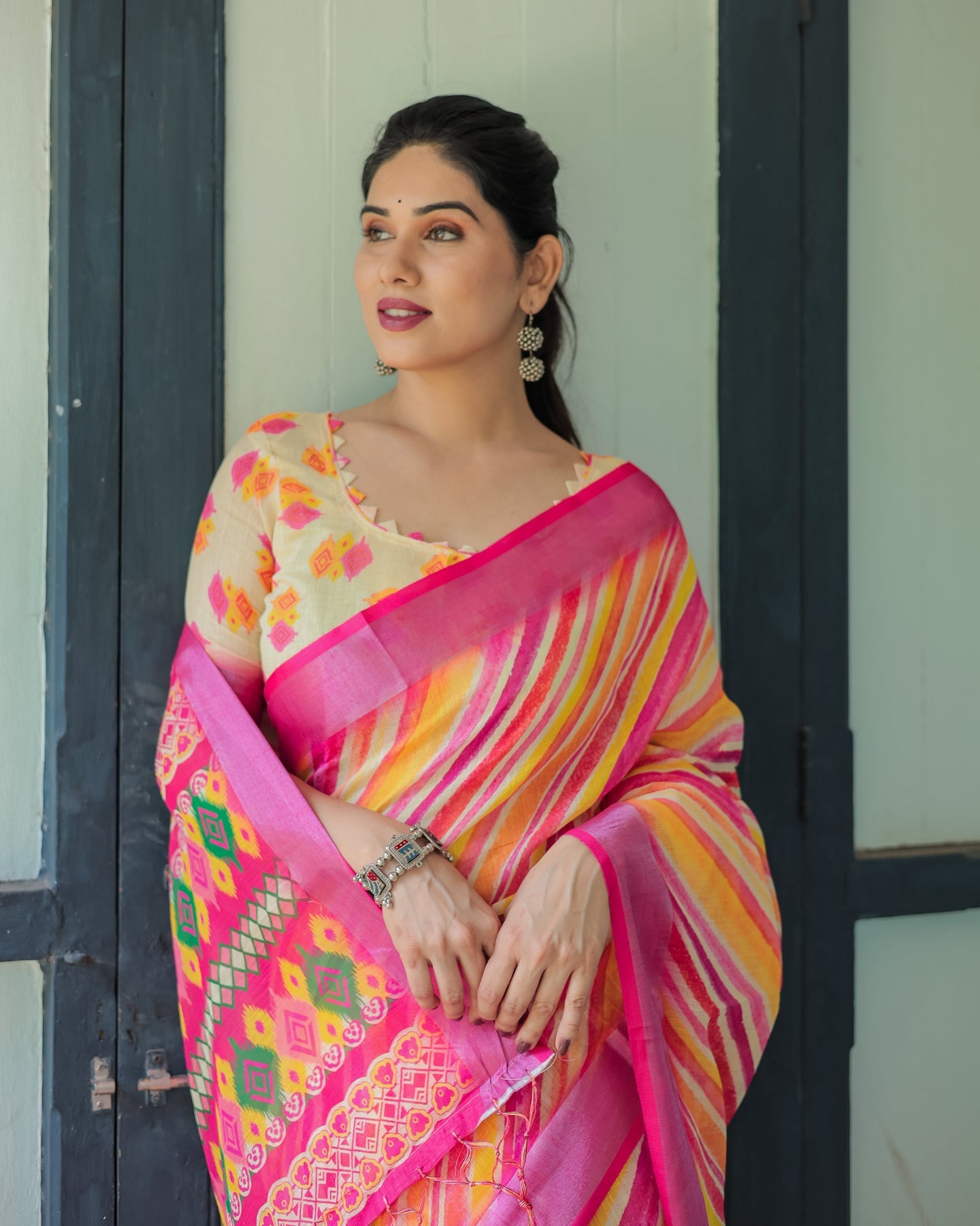 Luxury Multicolor Striped Linen Saree | Shaadigruh SD1027