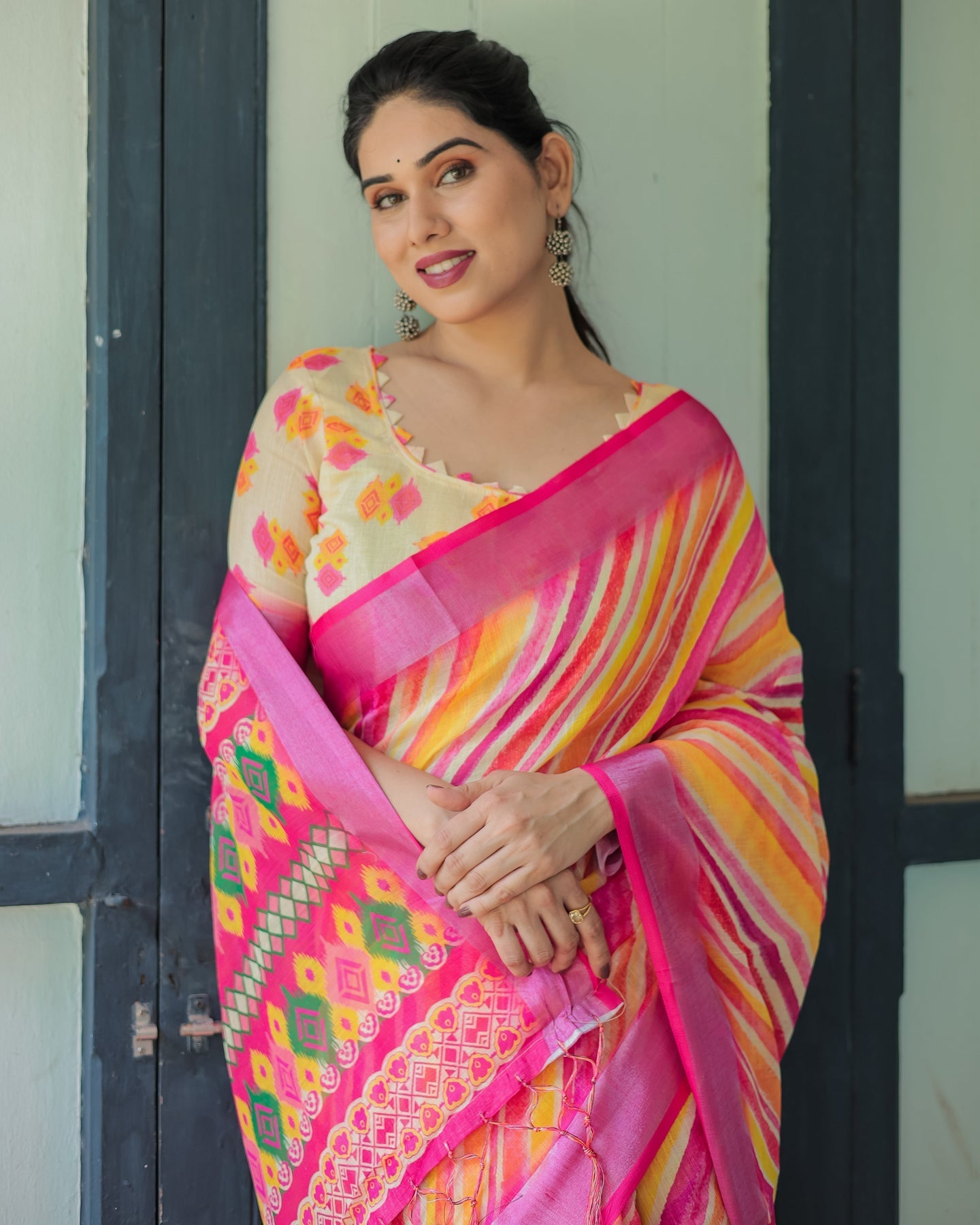 Luxury Multicolor Striped Linen Saree | Shaadigruh SD1027