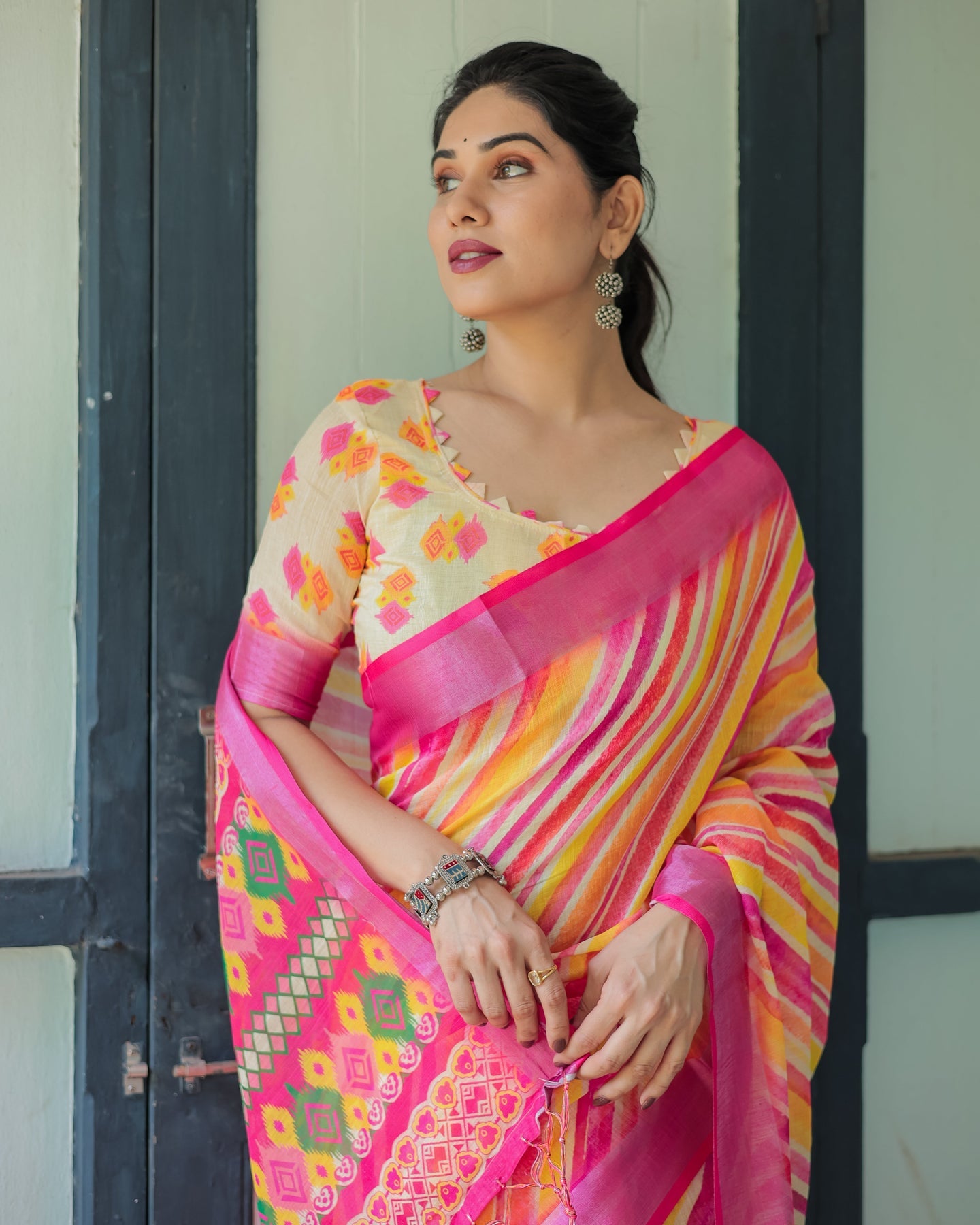 Luxury Multicolor Striped Linen Saree | Shaadigruh SD1027