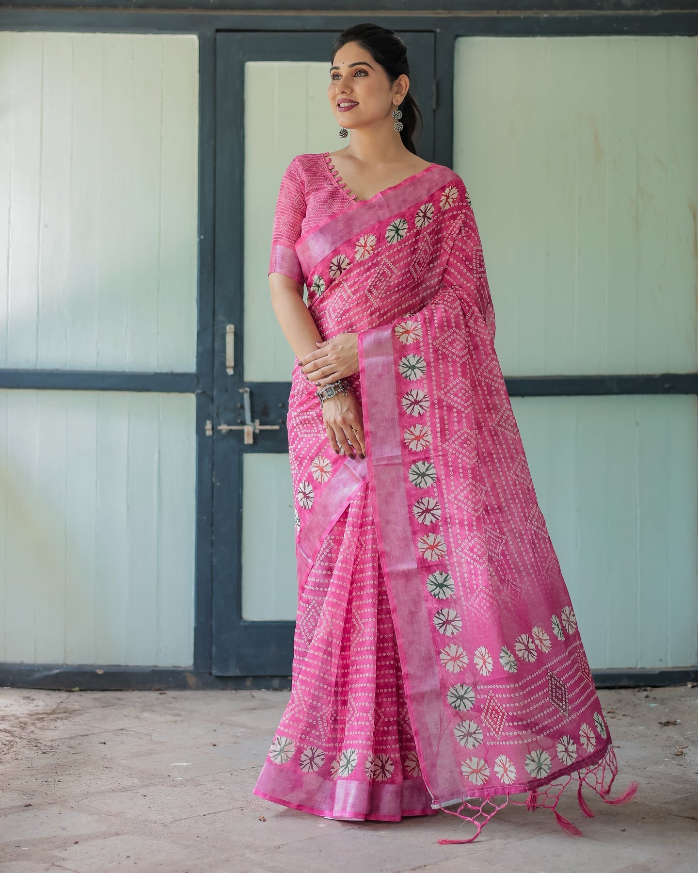 Luxury Rani Pink Bandhani Linen Saree | Shaadigruh SD1023