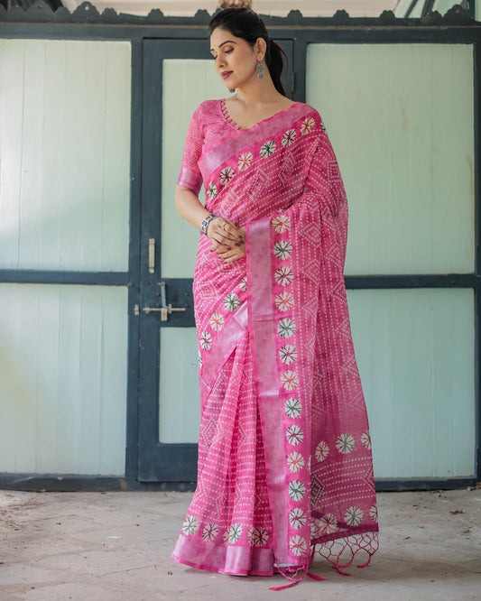 Luxury Rani Pink Bandhani Linen Saree | Shaadigruh SD1023