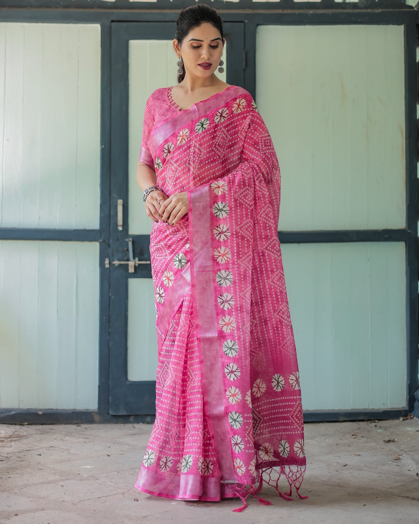 Luxury Rani Pink Bandhani Linen Saree | Shaadigruh SD1023
