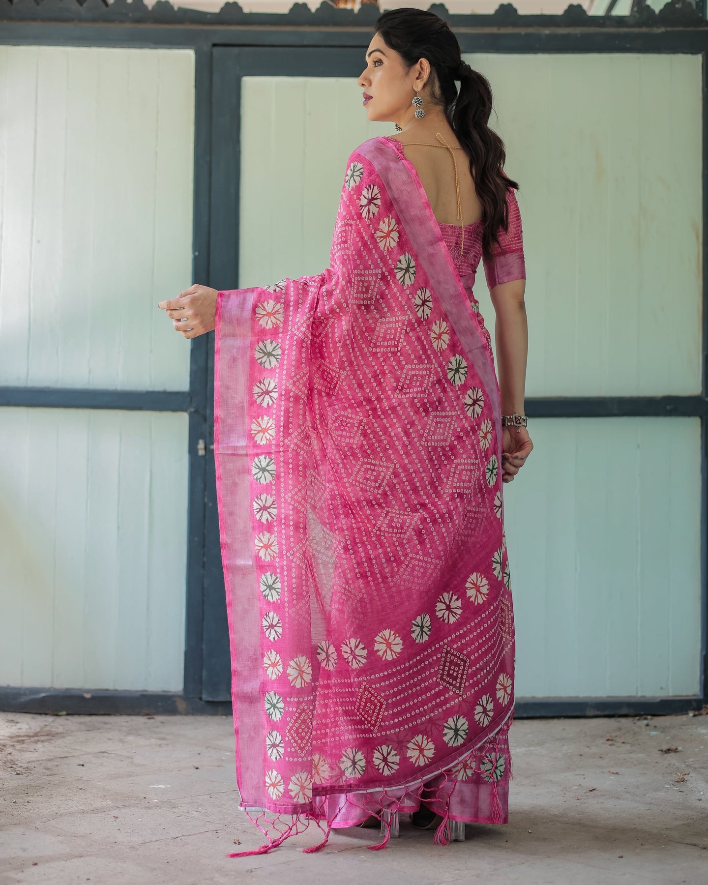 Luxury Rani Pink Bandhani Linen Saree | Shaadigruh SD1023