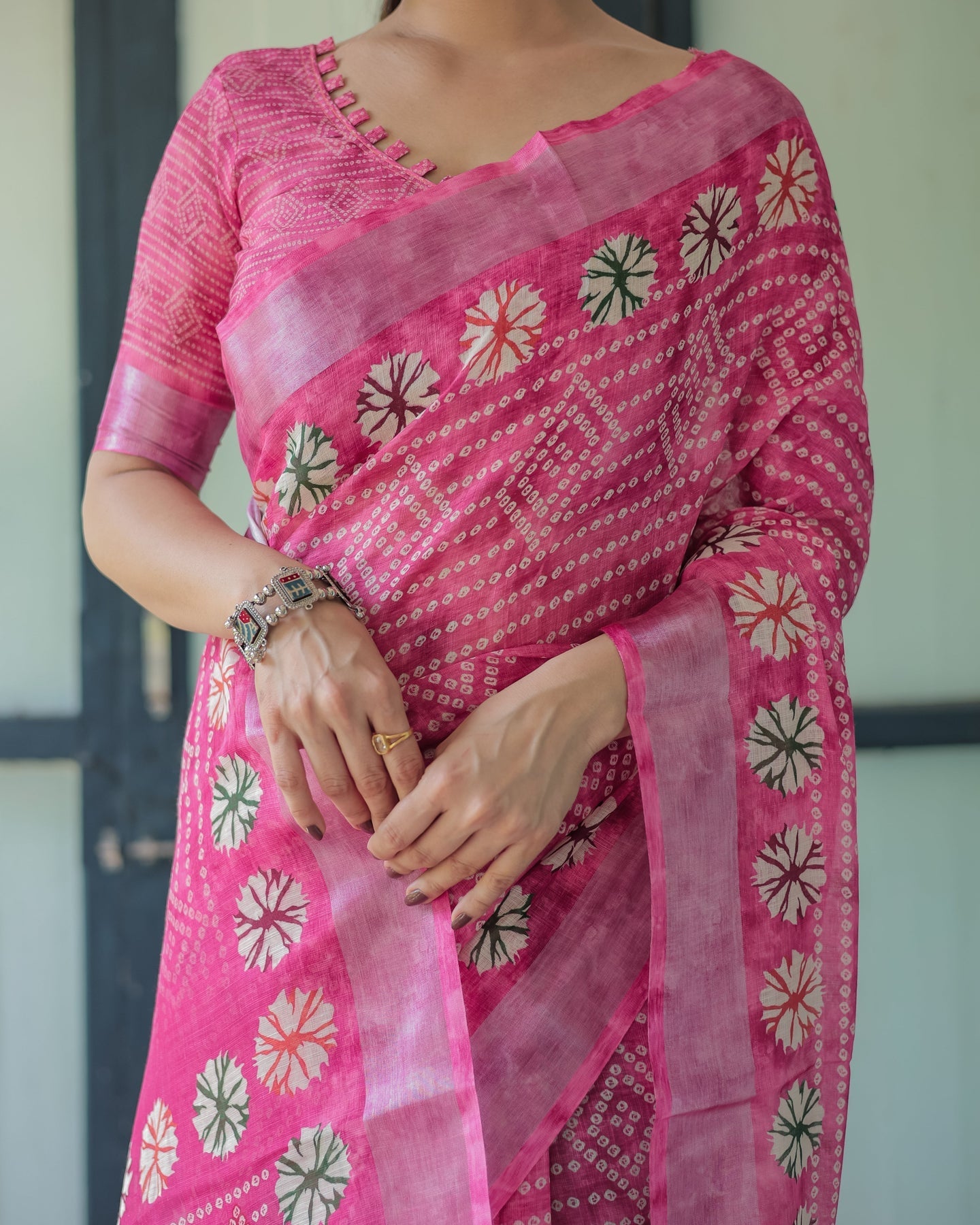 Luxury Rani Pink Bandhani Linen Saree | Shaadigruh SD1023