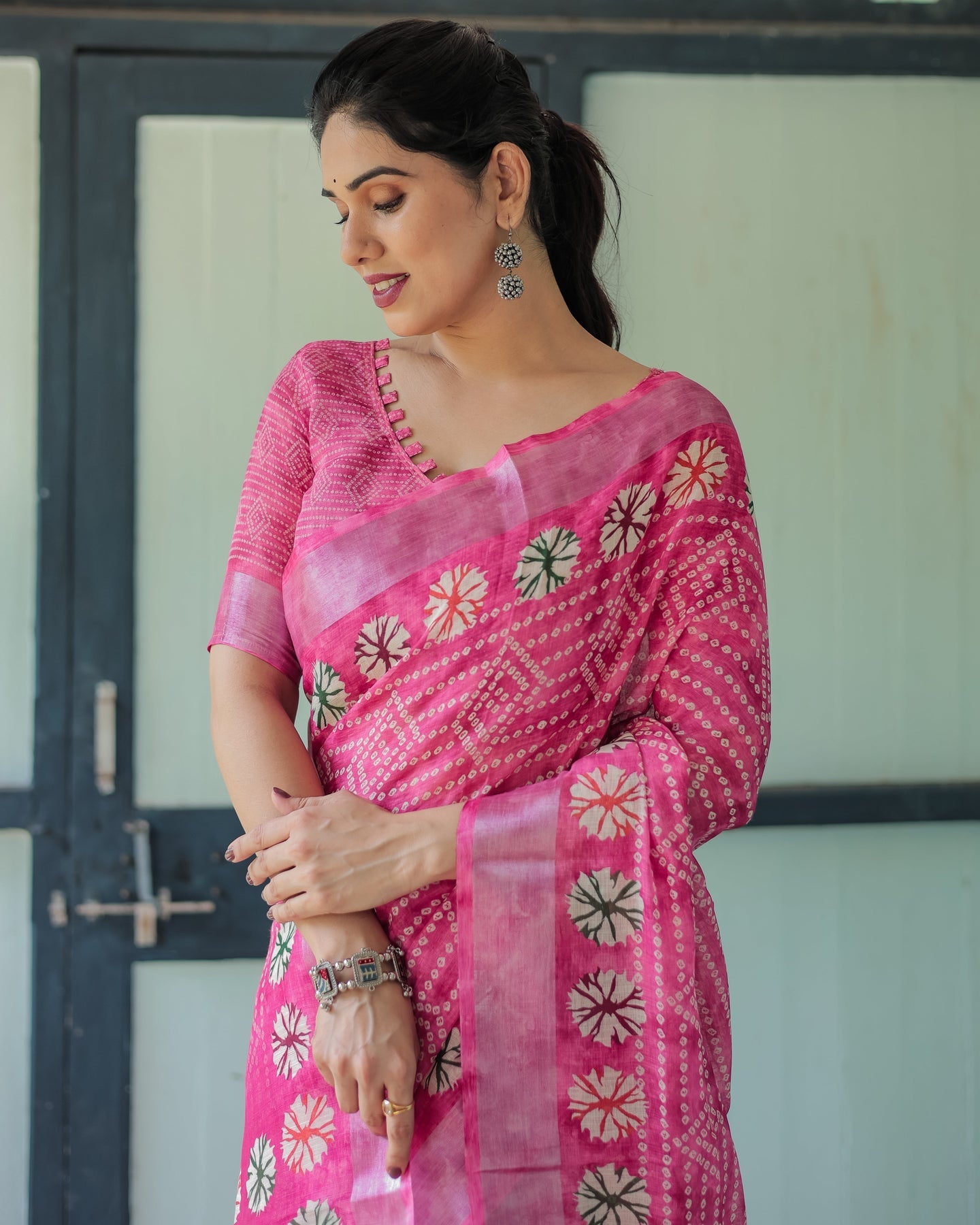 Luxury Rani Pink Bandhani Linen Saree | Shaadigruh SD1023
