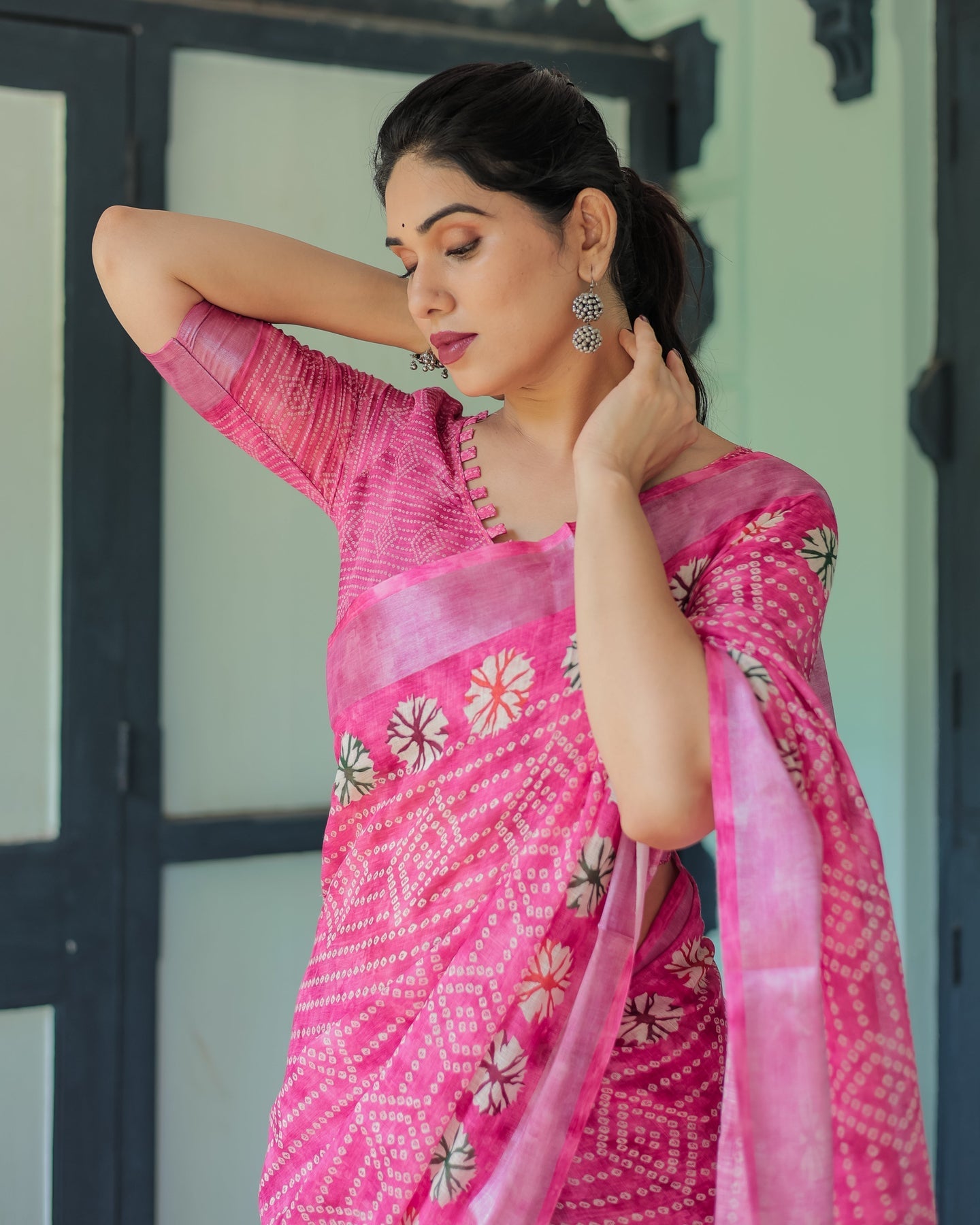 Luxury Rani Pink Bandhani Linen Saree | Shaadigruh SD1023