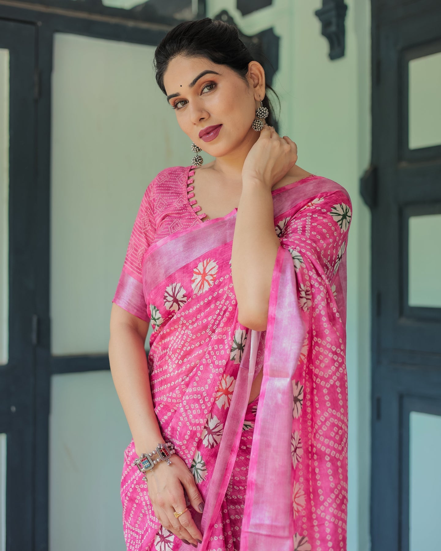 Luxury Rani Pink Bandhani Linen Saree | Shaadigruh SD1023