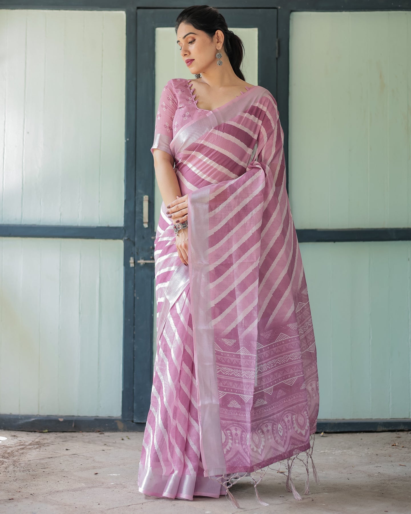 Luxury Blush Pink Striped Linen Saree | Shaadigruh SD1011