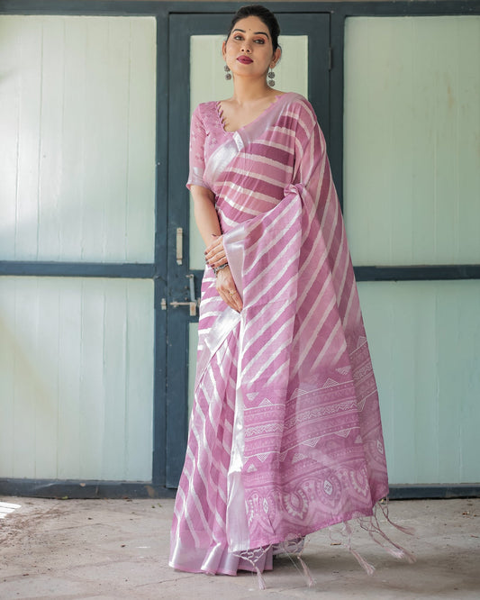 Luxury Soft Blush Pink Striped Linen Saree | Shaadigruh SD1012