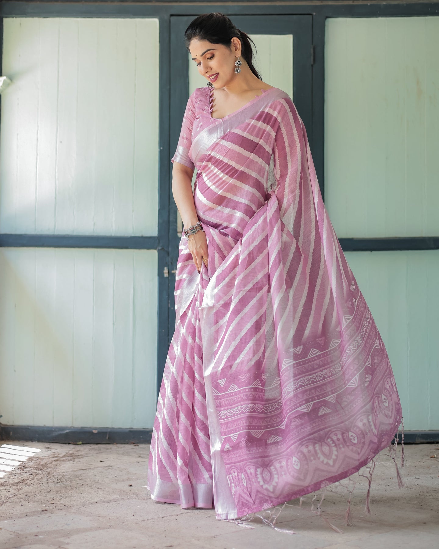 Luxury Blush Pink Striped Linen Saree | Shaadigruh SD1011