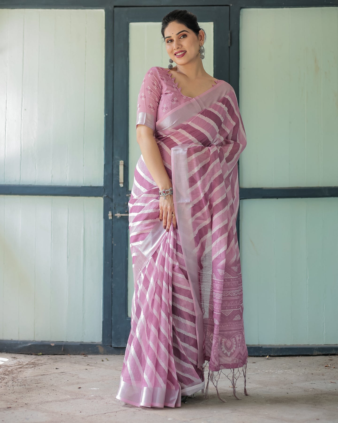 Luxury Blush Pink Striped Linen Saree | Shaadigruh SD1011