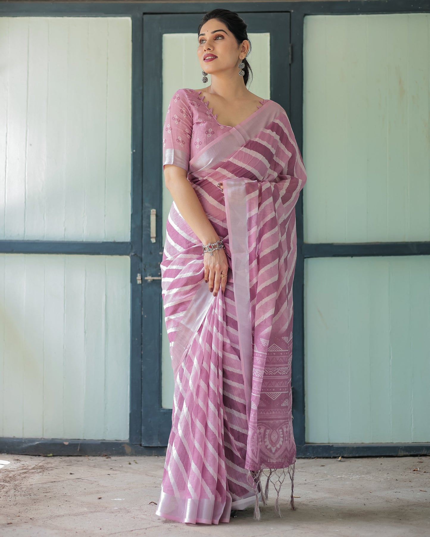 Luxury Soft Blush Pink Striped Linen Saree | Shaadigruh SD1012