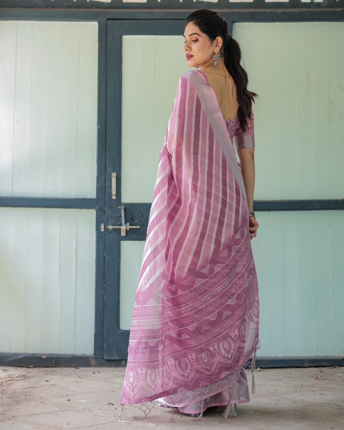 Luxury Blush Pink Striped Linen Saree | Shaadigruh SD1011