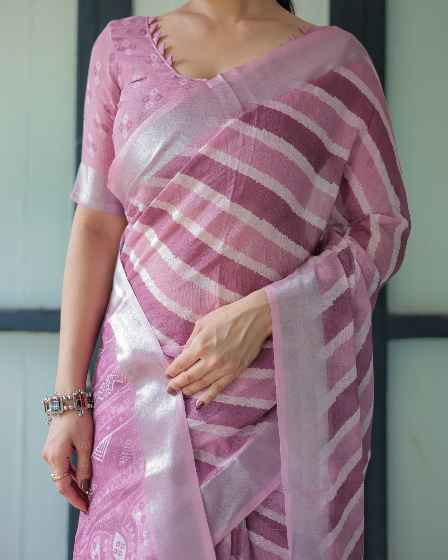 Luxury Soft Blush Pink Striped Linen Saree | Shaadigruh SD1012