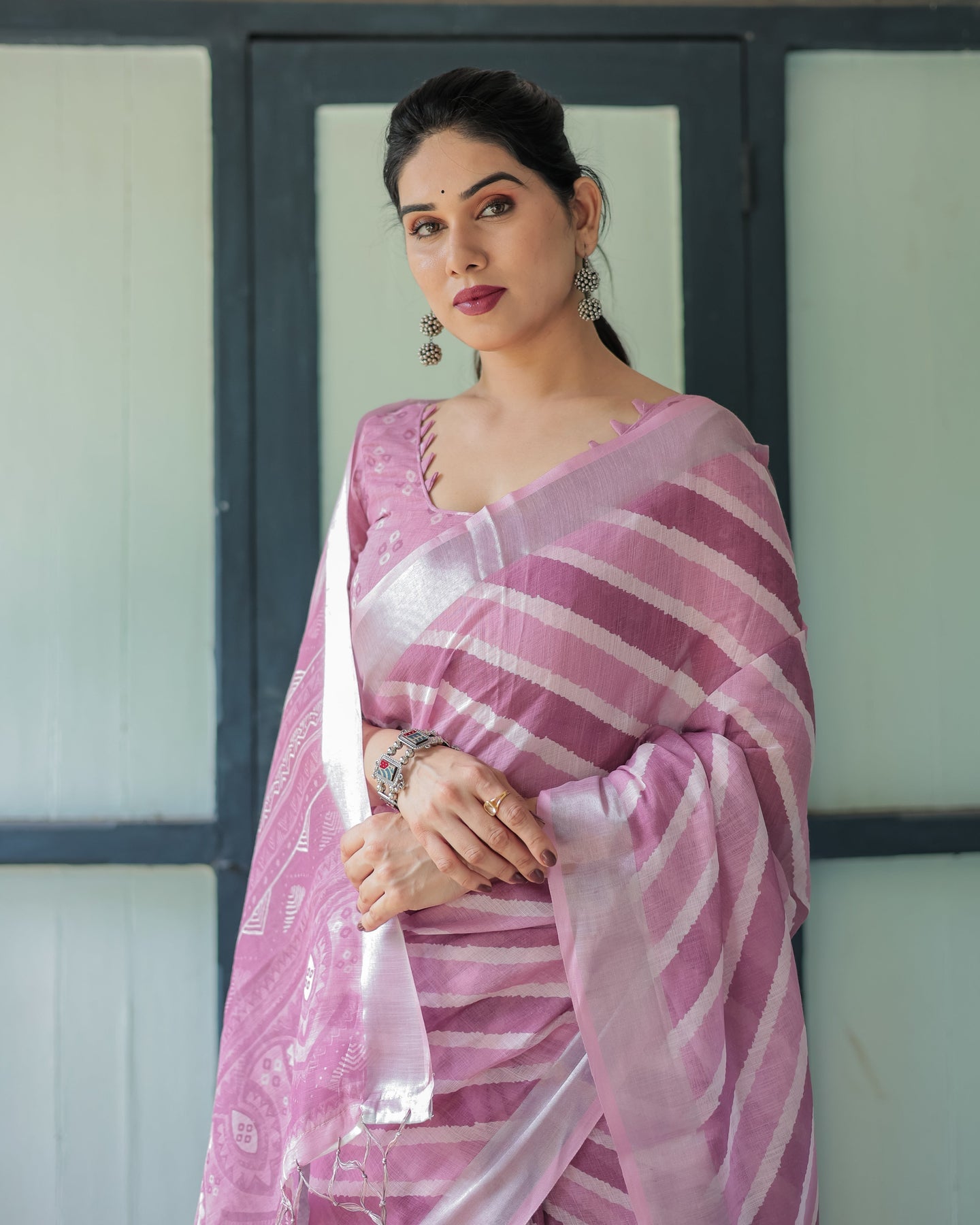 Luxury Blush Pink Striped Linen Saree | Shaadigruh SD1011