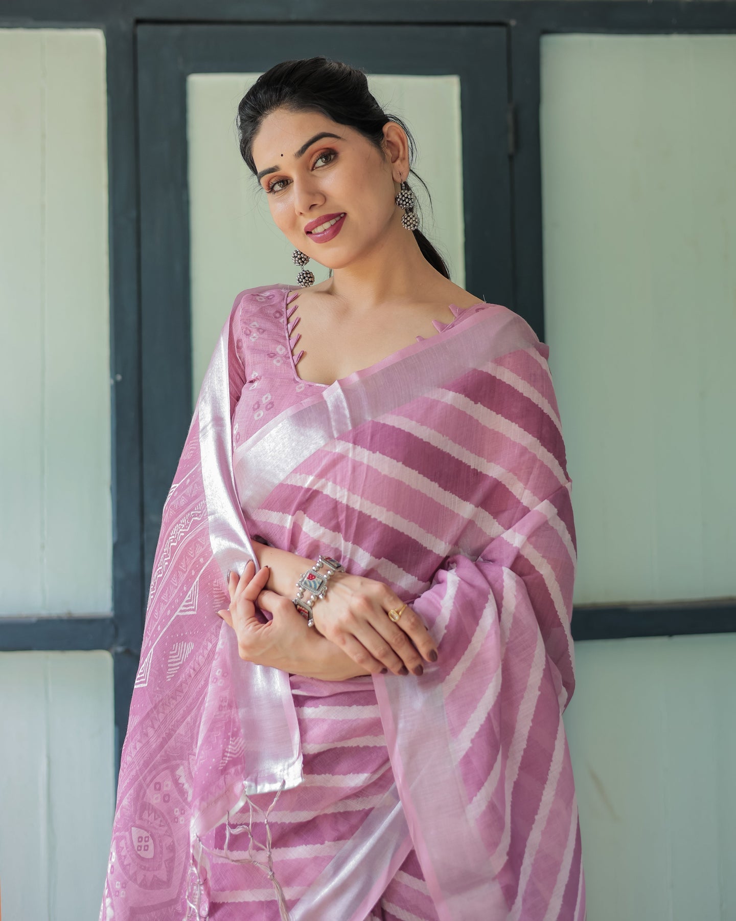 Luxury Blush Pink Striped Linen Saree | Shaadigruh SD1011