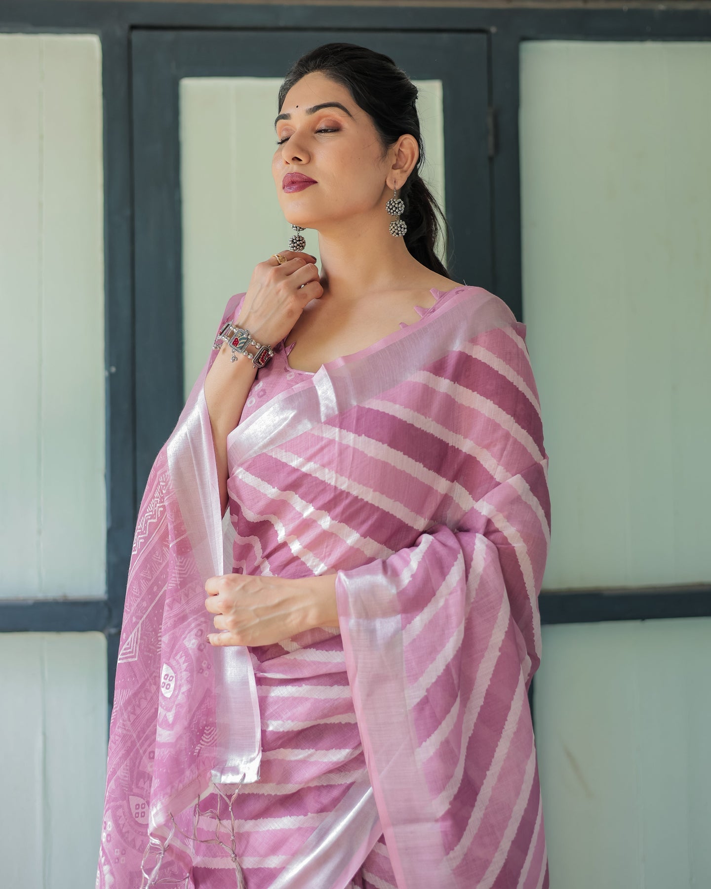 Luxury Soft Blush Pink Striped Linen Saree | Shaadigruh SD1012