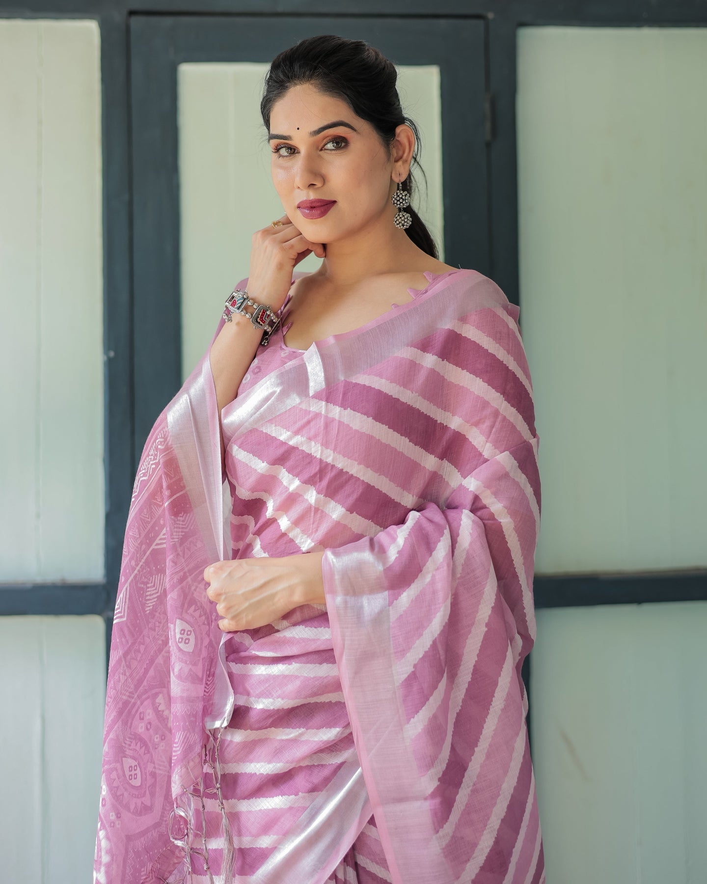 Luxury Soft Blush Pink Striped Linen Saree | Shaadigruh SD1012
