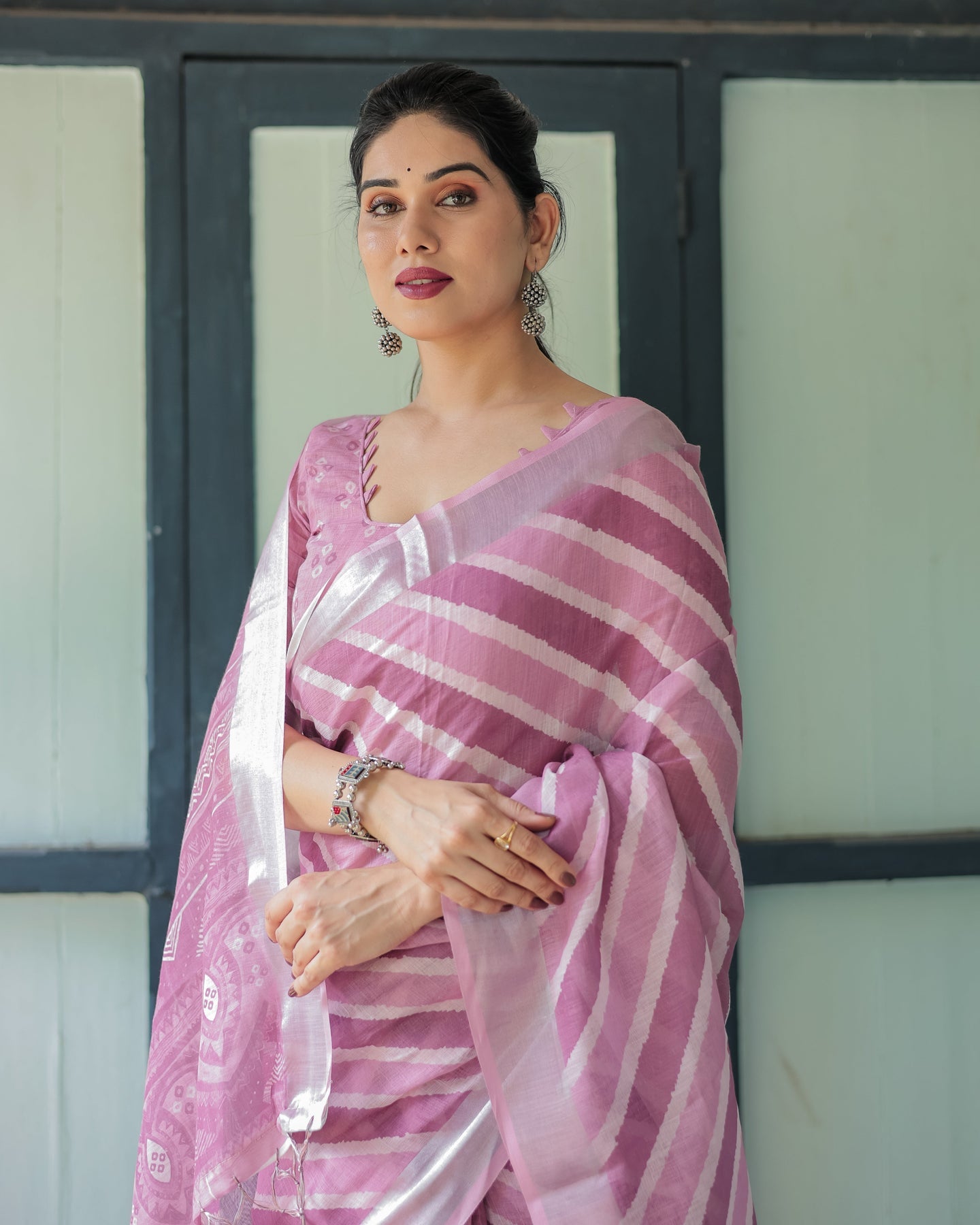 Luxury Blush Pink Striped Linen Saree | Shaadigruh SD1011
