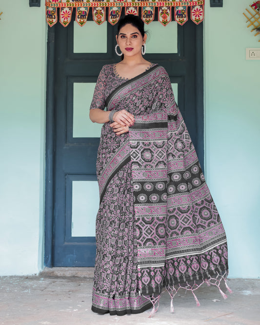 Black & Mauve Ajrakh Print Linen Saree | Shaadigruh SD1050