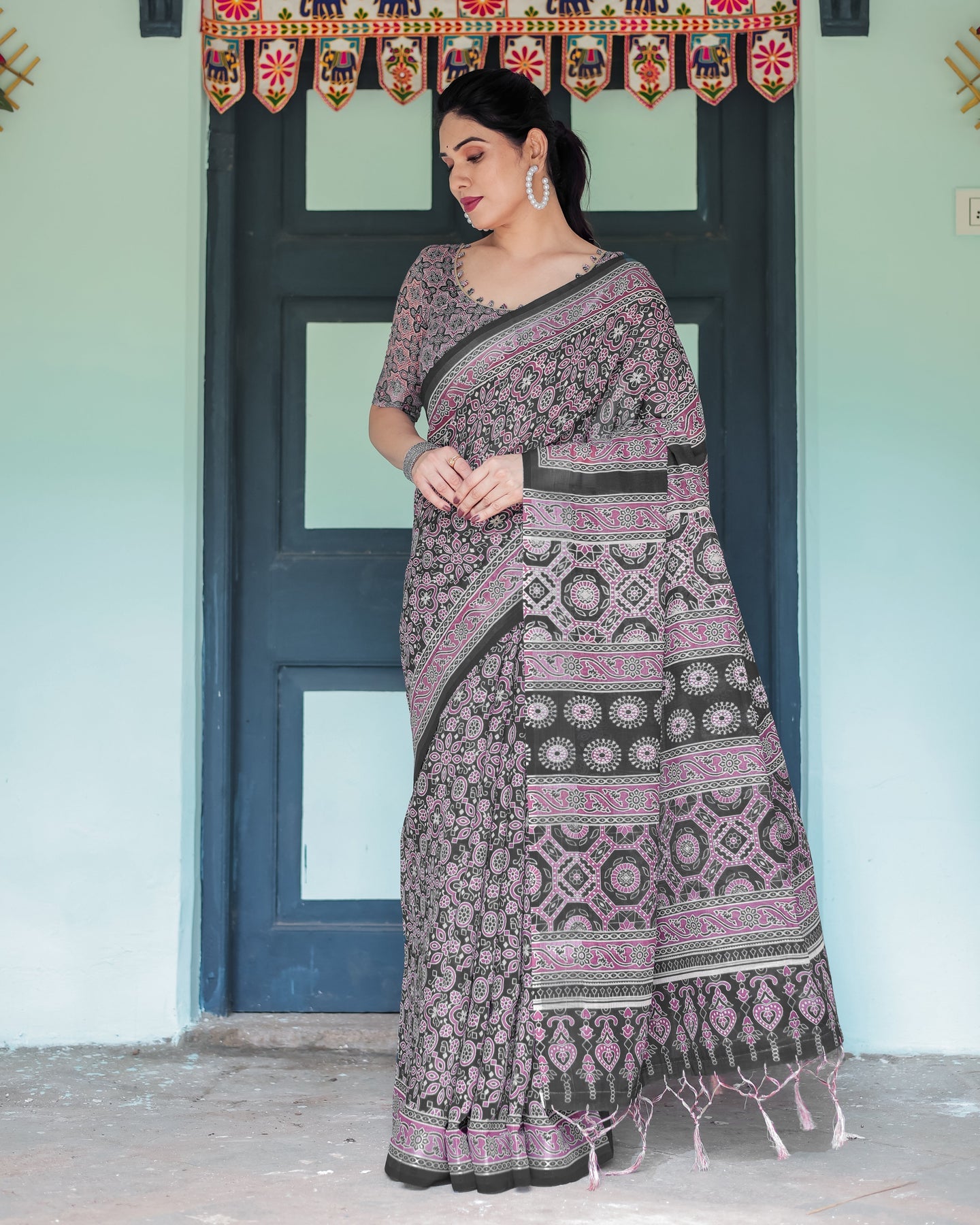 Black & Mauve Ajrakh Print Linen Saree | Shaadigruh SD1050