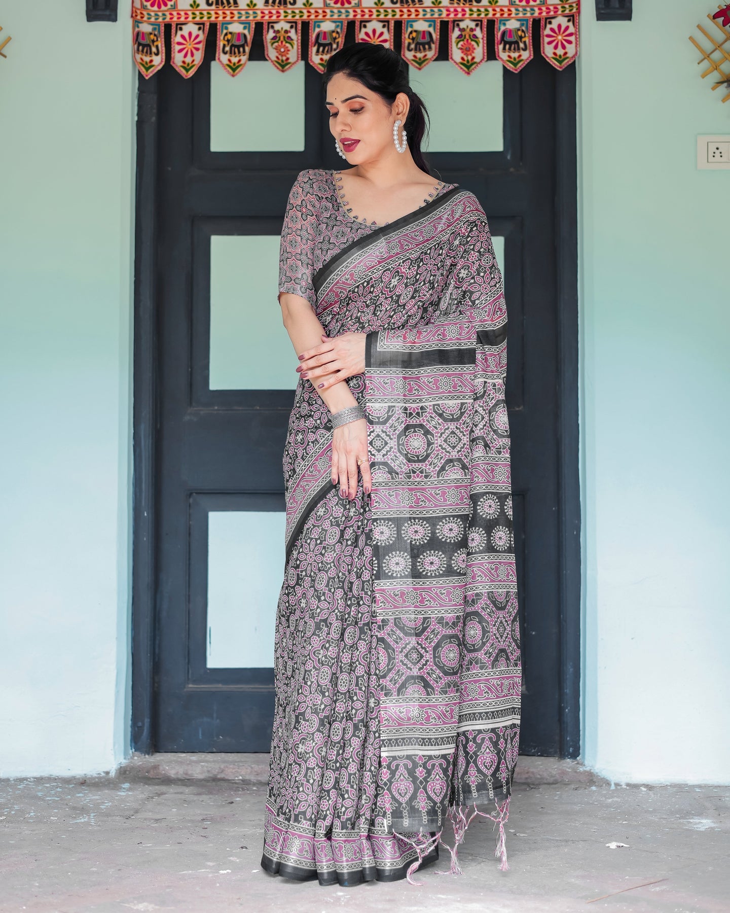 Black & Mauve Ajrakh Print Linen Saree | Shaadigruh SD1050