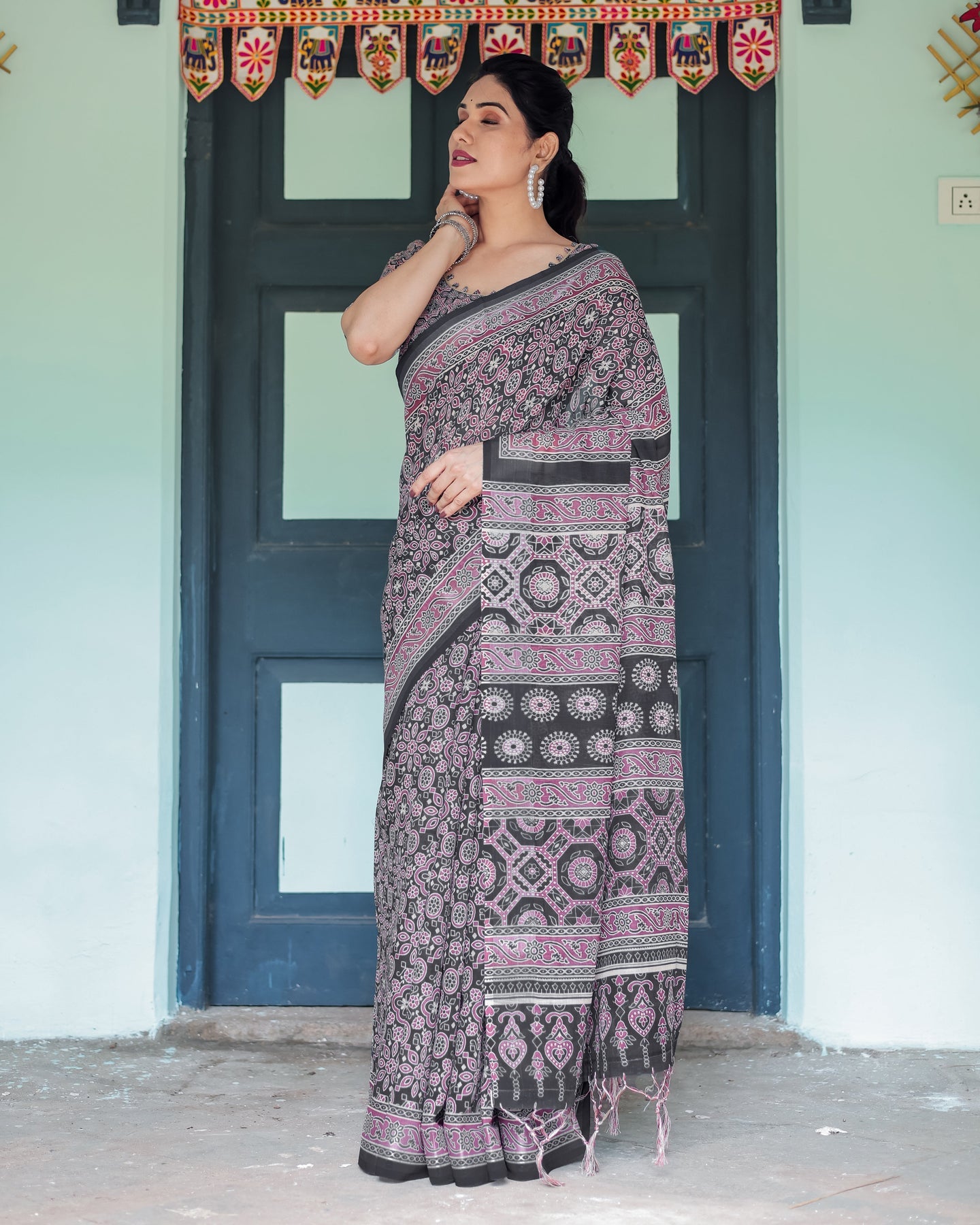 Black & Mauve Ajrakh Print Linen Saree | Shaadigruh SD1050