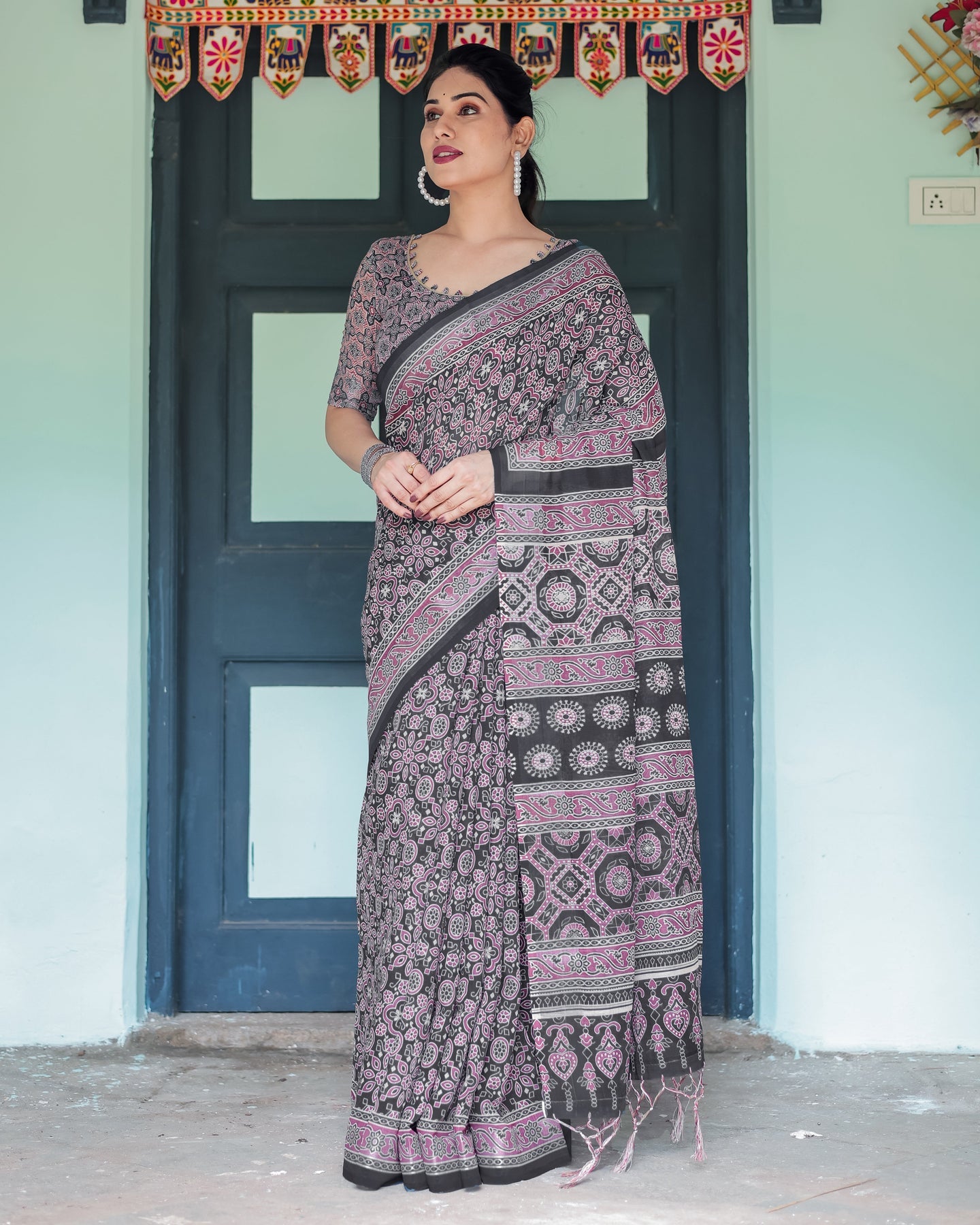 Black & Mauve Ajrakh Print Linen Saree | Shaadigruh SD1050