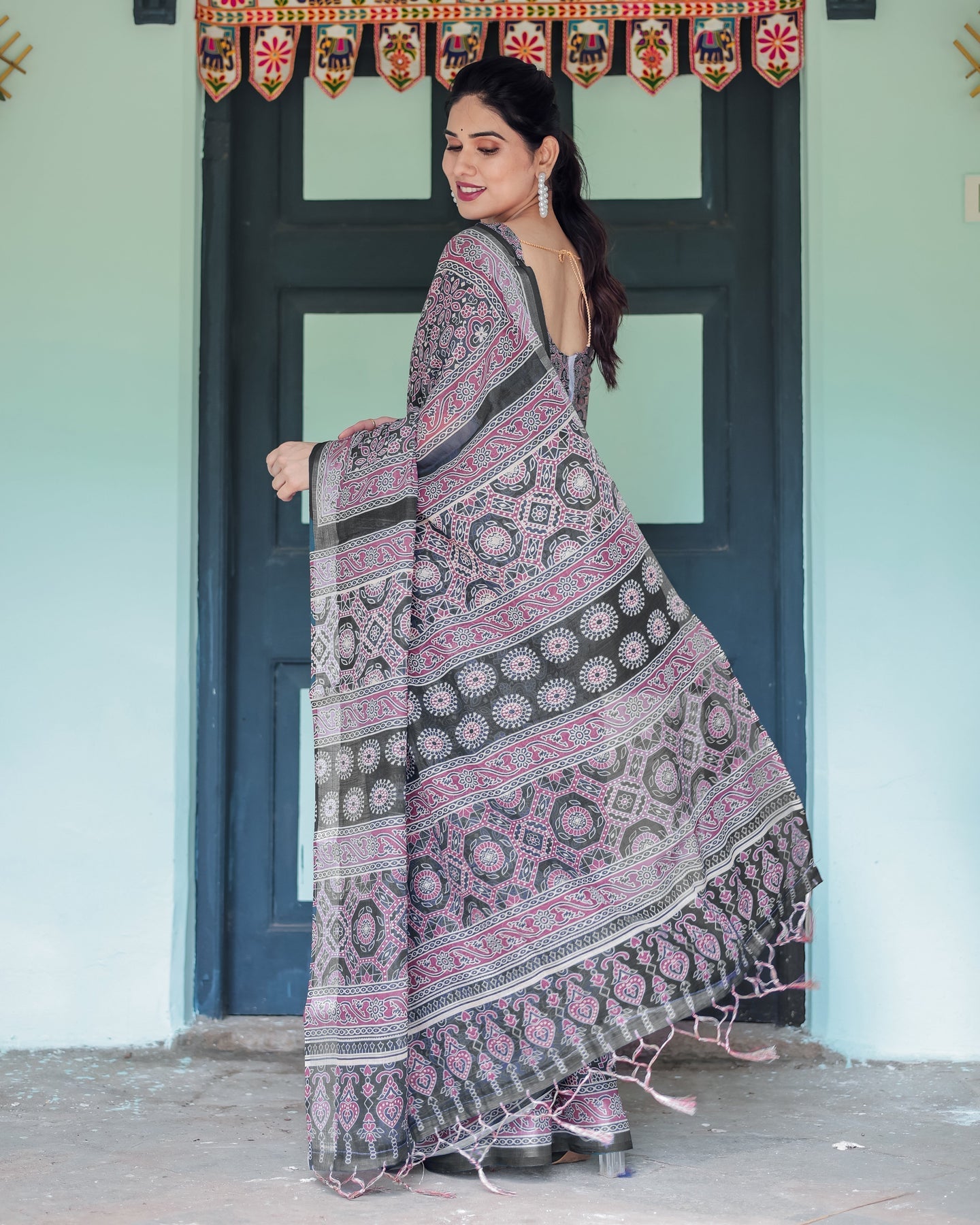 Black & Mauve Ajrakh Print Linen Saree | Shaadigruh SD1050