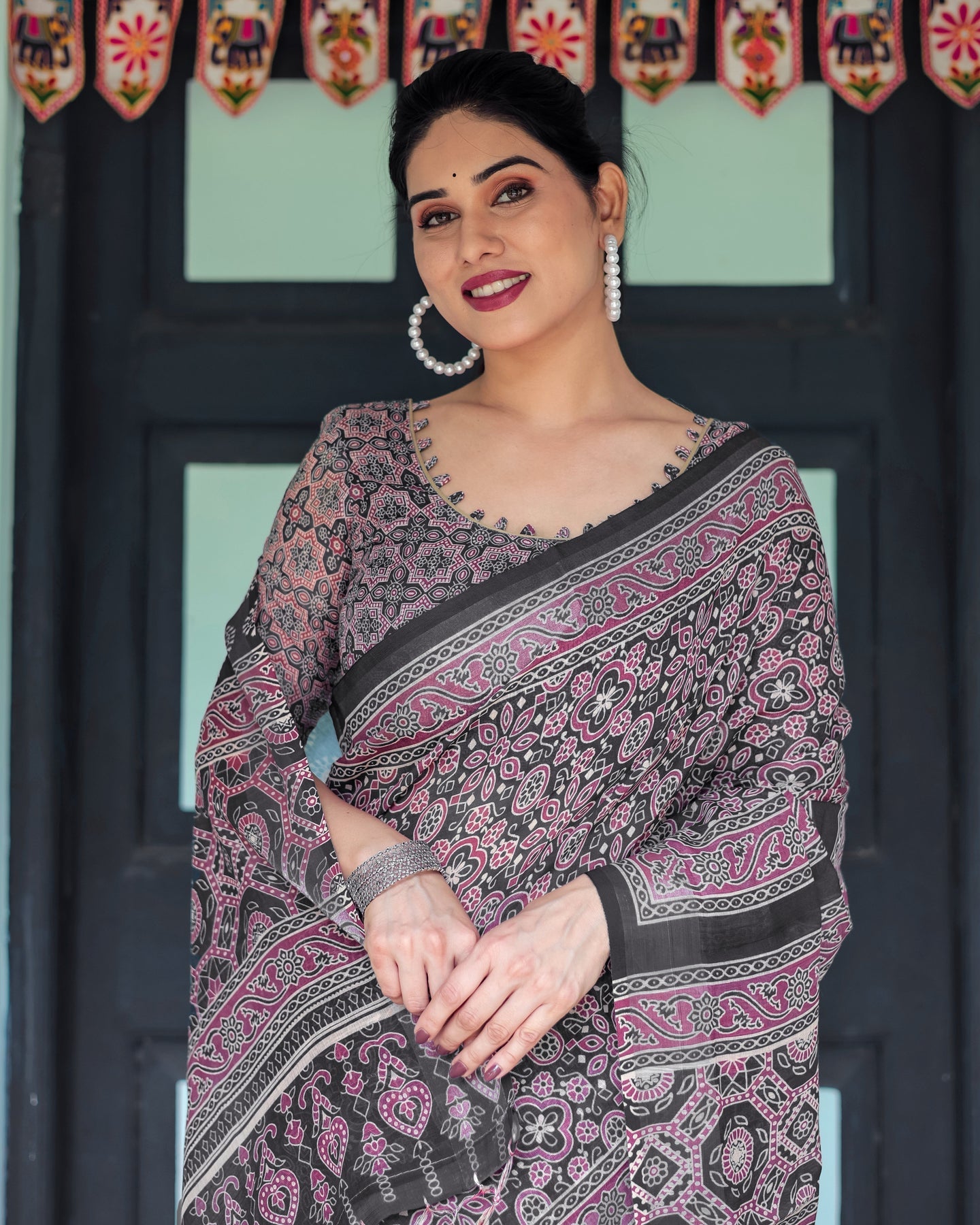 Black & Mauve Ajrakh Print Linen Saree | Shaadigruh SD1050