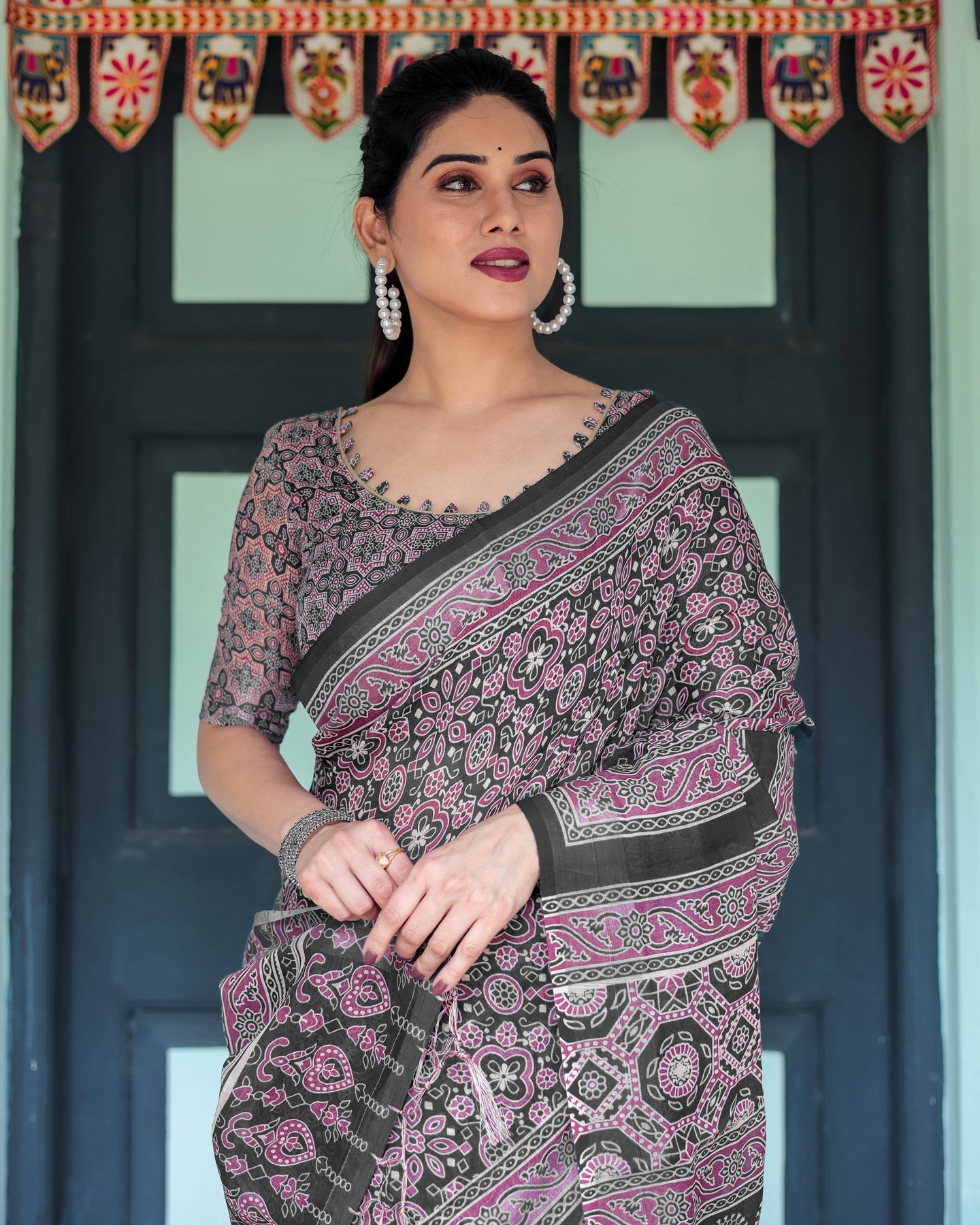 Black & Mauve Ajrakh Print Linen Saree | Shaadigruh SD1050