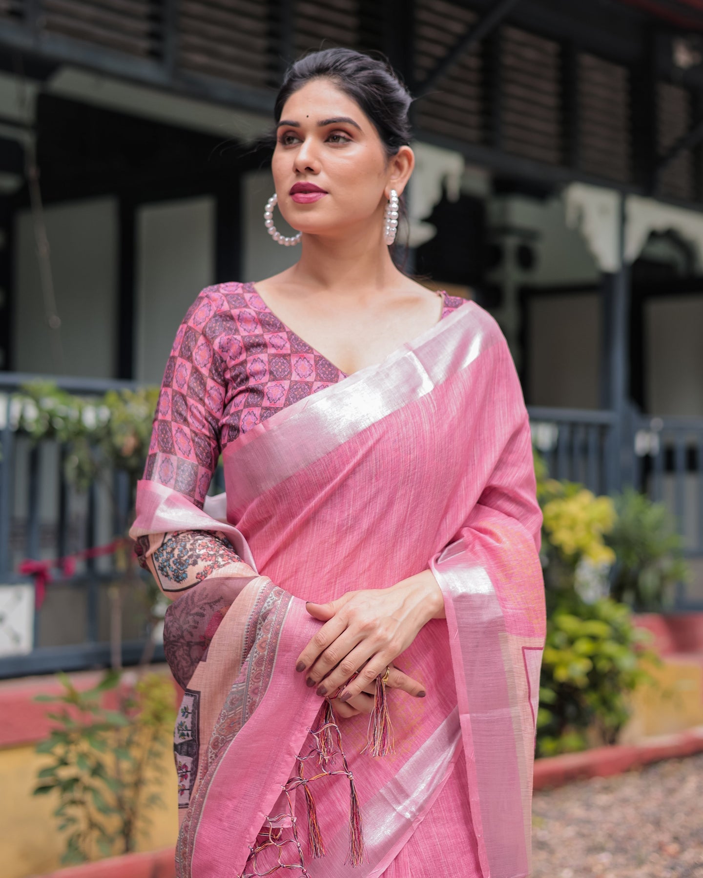 Luxury Blush Pink Linen Saree | Shaadigruh SD1025