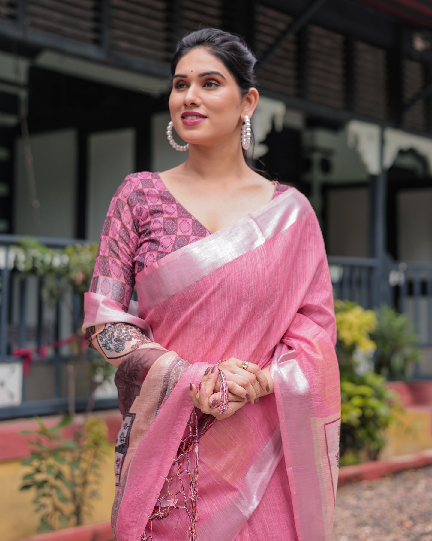 Luxury Blush Pink Linen Saree | Shaadigruh SD1025
