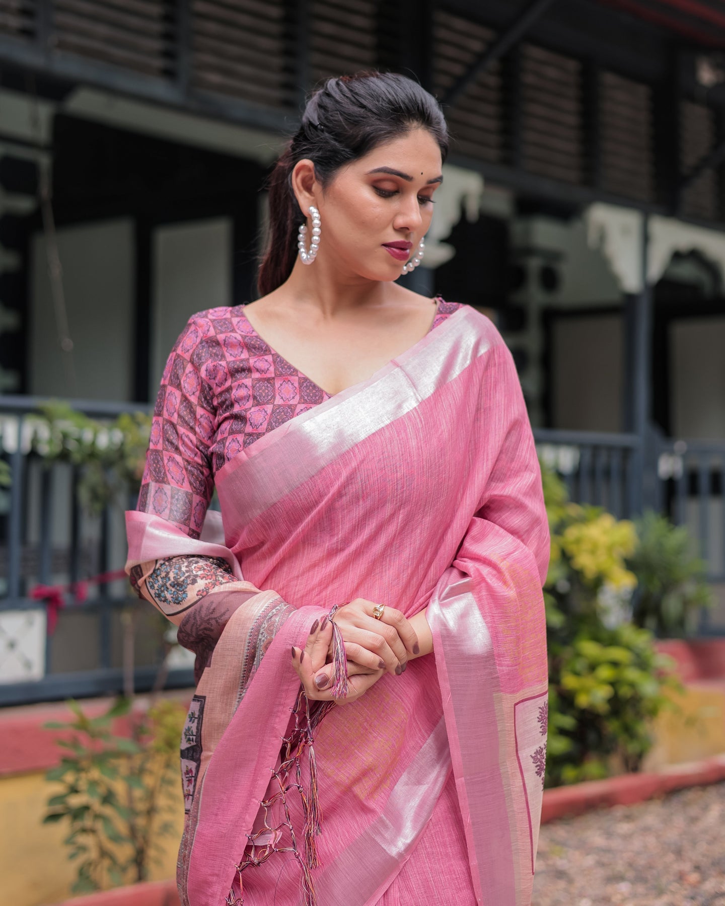 Luxury Blush Pink Linen Saree | Shaadigruh SD1025