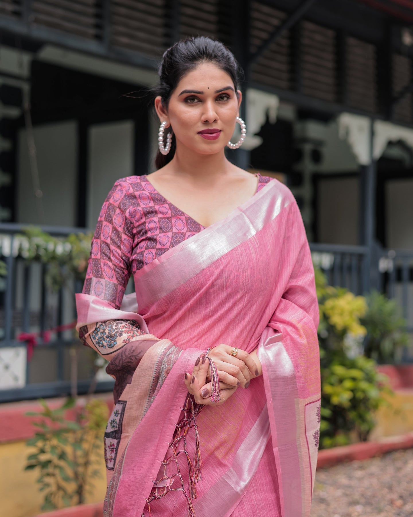 Luxury Blush Pink Linen Saree | Shaadigruh SD1025