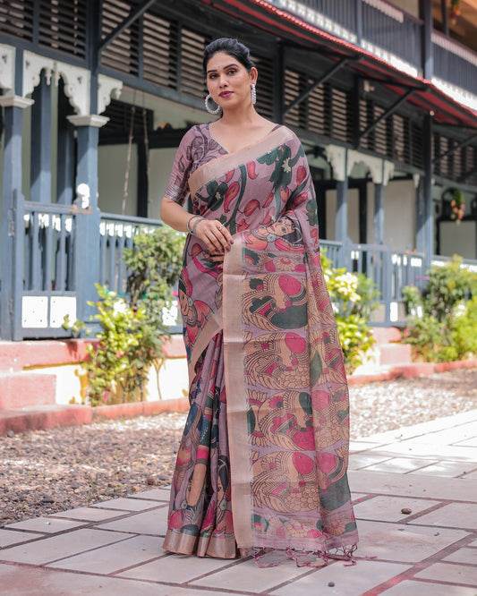 Luxury Artistic Printed Linen Saree | Shaadigruh SD1028