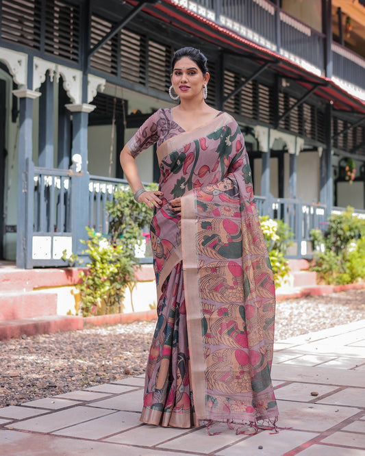 Luxury Artistic Printed Linen Saree | Shaadigruh SD1028