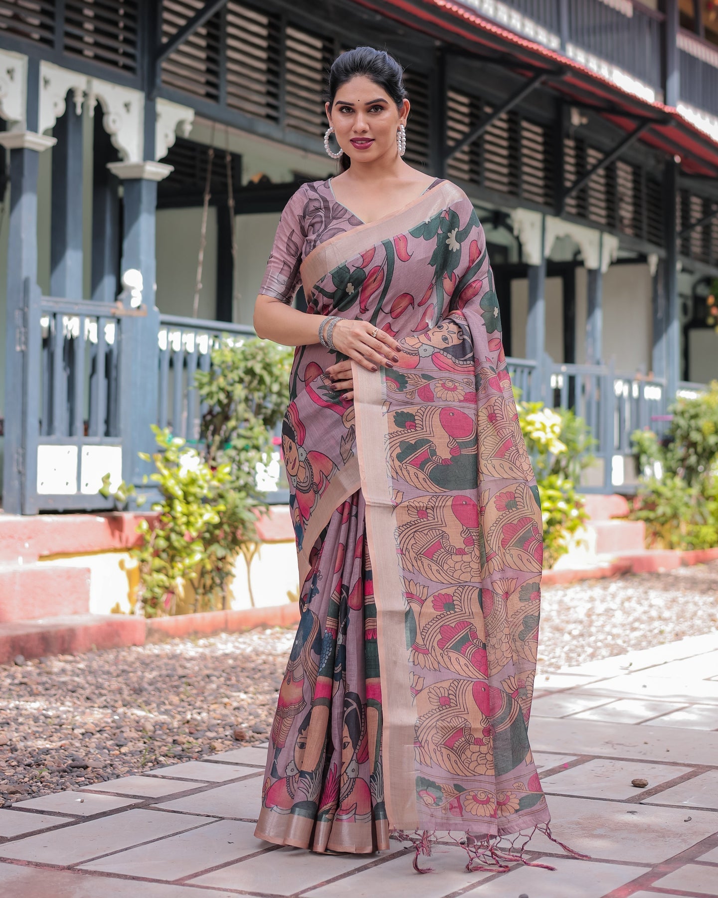 Luxury Artistic Printed Linen Saree | Shaadigruh SD1028