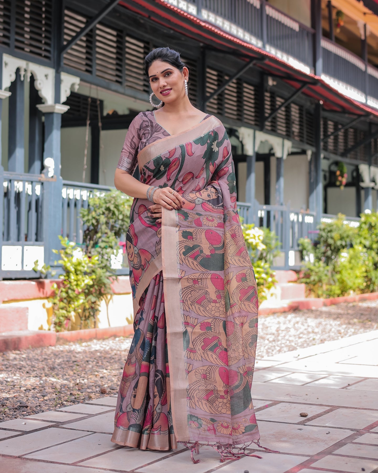 Luxury Artistic Printed Linen Saree | Shaadigruh SD1028