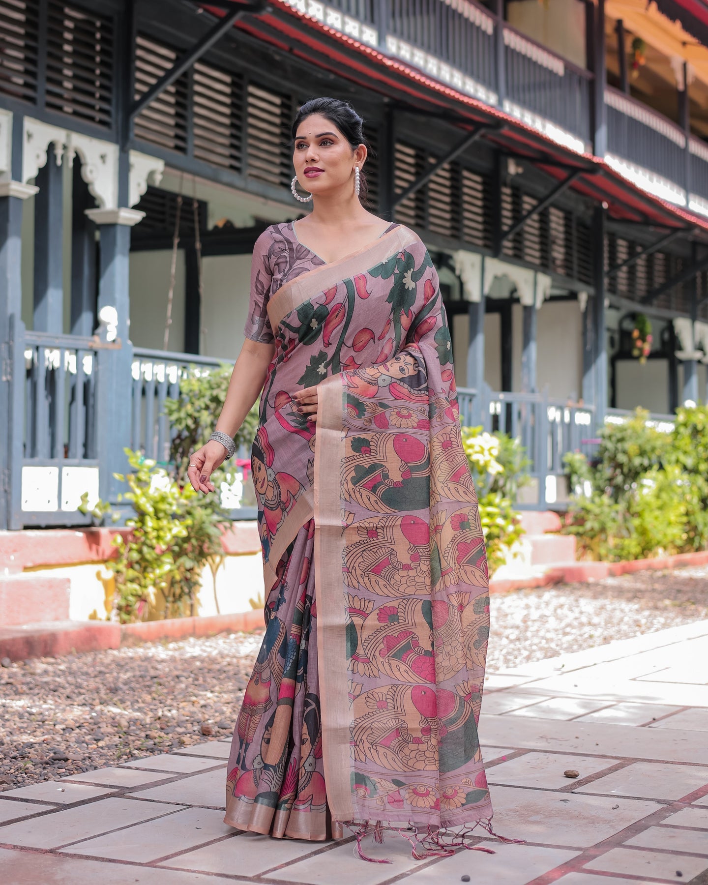 Luxury Artistic Printed Linen Saree | Shaadigruh SD1028
