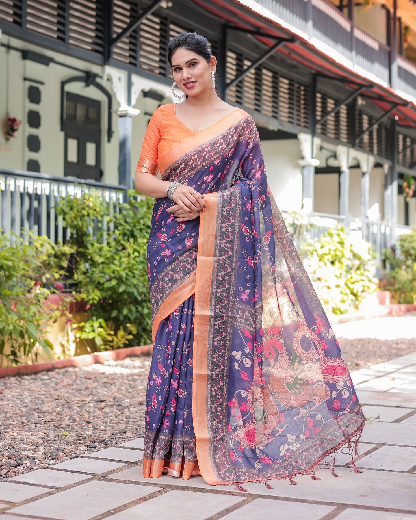 Navy Blue & Peach Floral Linen Saree | Shaadigruh SD1051
