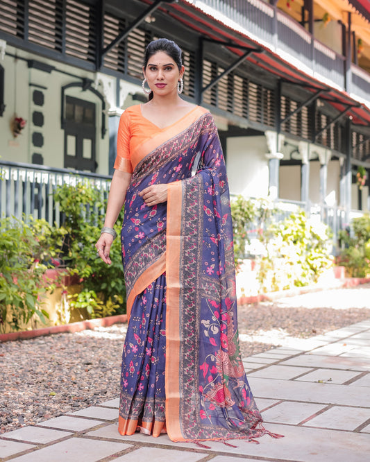 Navy Blue & Peach Floral Linen Saree | Shaadigruh SD1051
