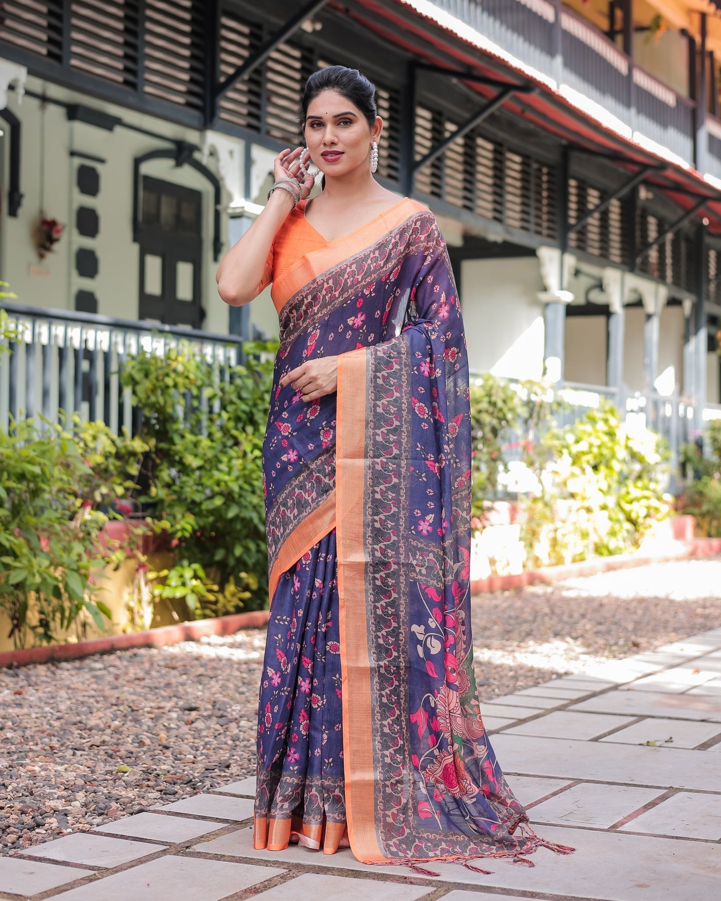 Navy Blue & Peach Floral Linen Saree | Shaadigruh SD1051