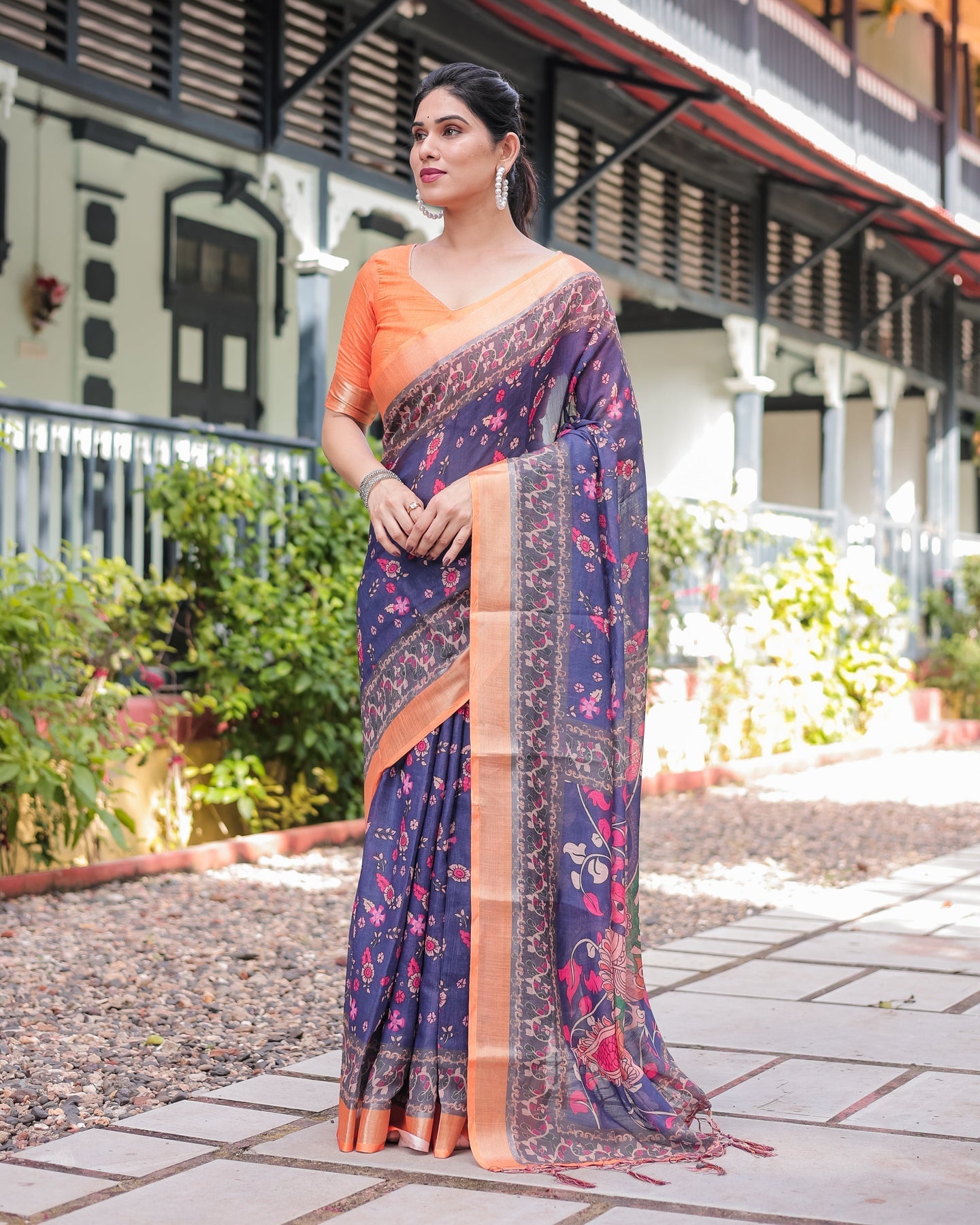 Navy Blue & Peach Floral Linen Saree | Shaadigruh SD1051