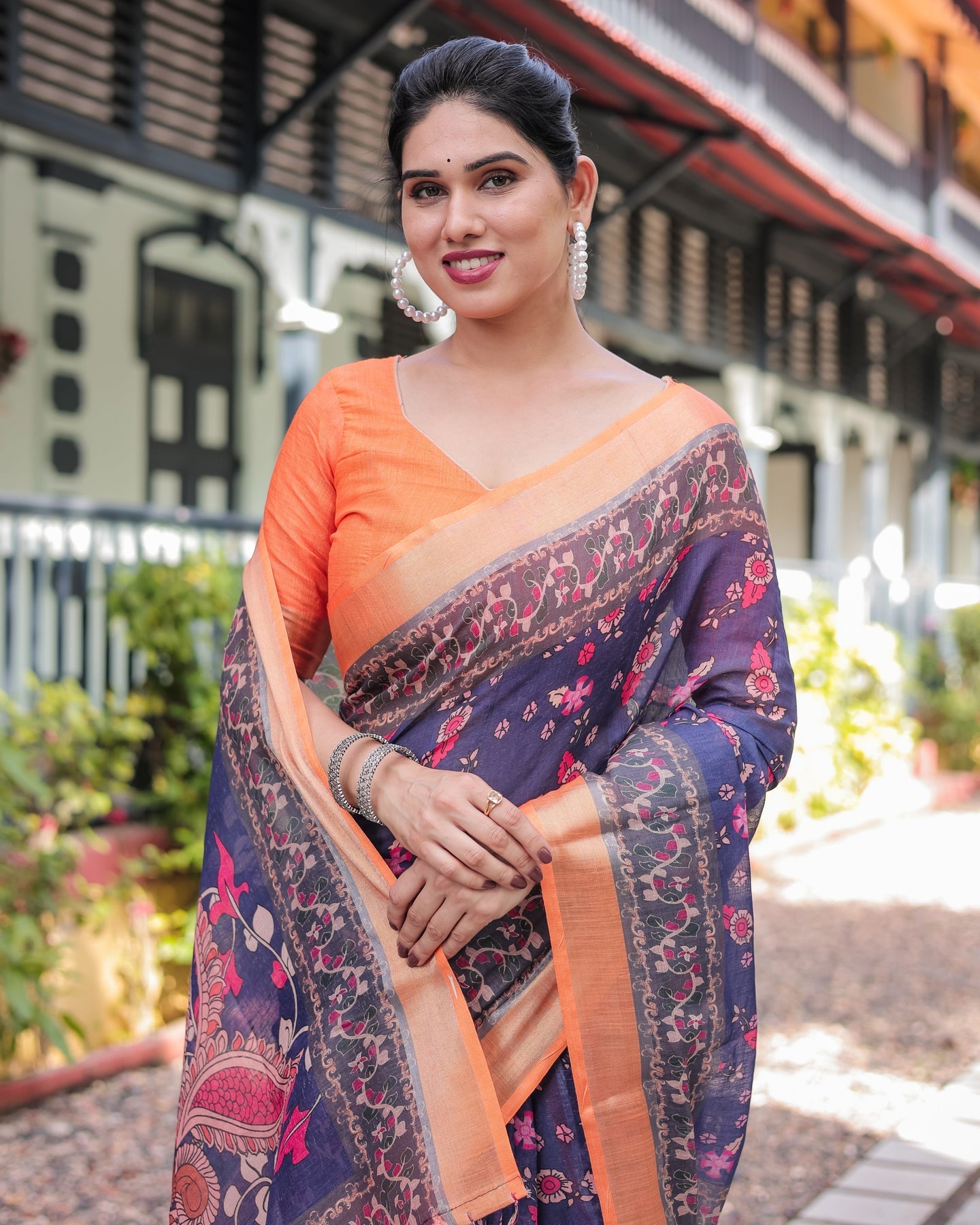 Navy Blue & Peach Floral Linen Saree | Shaadigruh SD1051