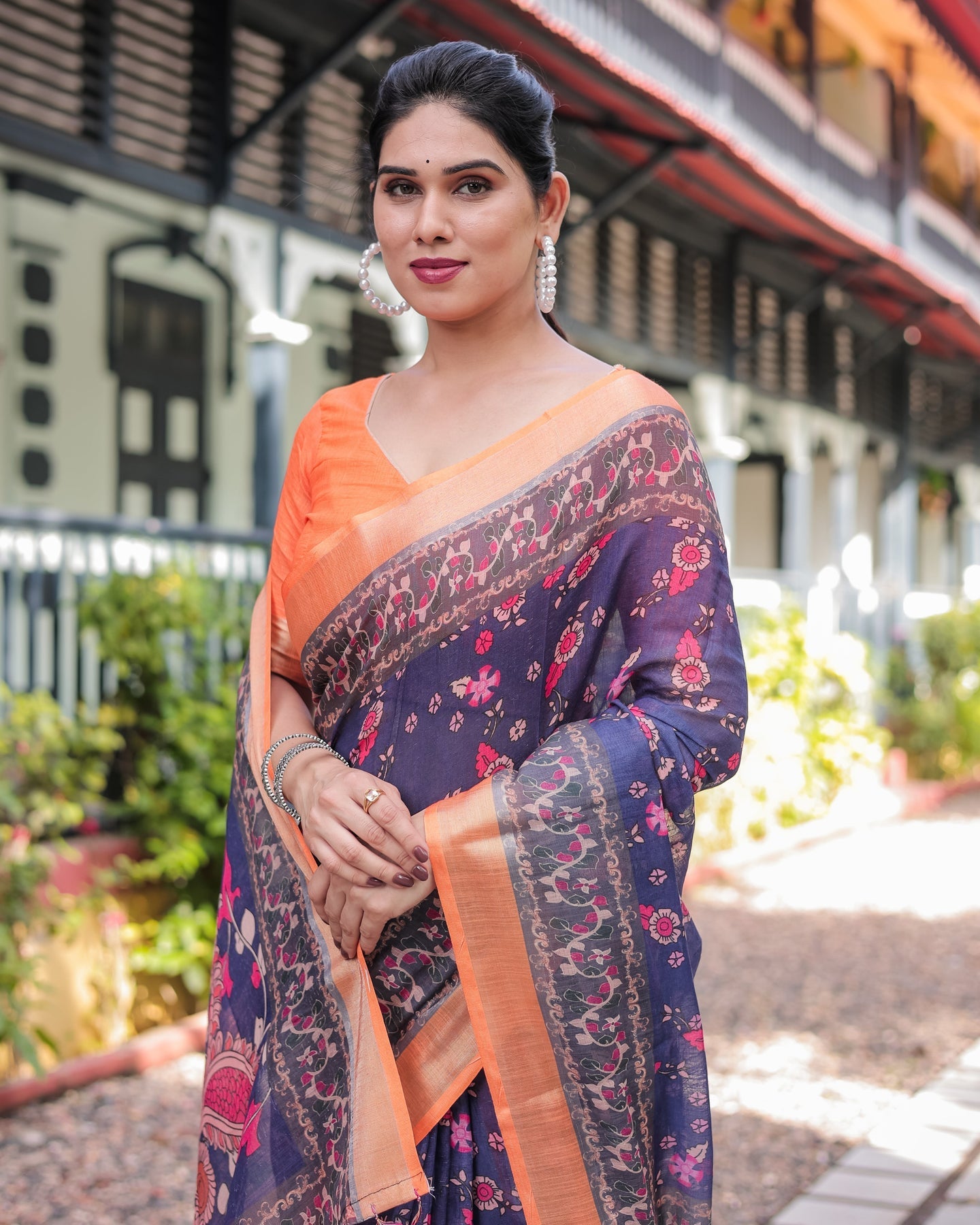 Navy Blue & Peach Floral Linen Saree | Shaadigruh SD1051